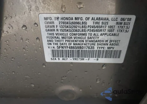2009 Honda Pilot Ex-L from USA, damaged, VIN 5FNYF48659B017635